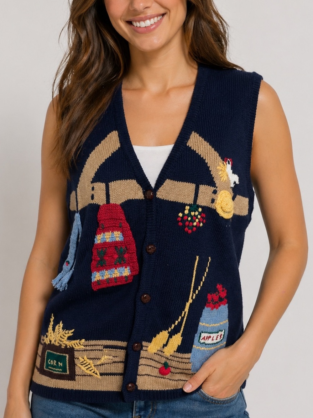 Capacity Womens Size L NWT Vintage Farm Navy Sweater Vest Harvest Granny Apples